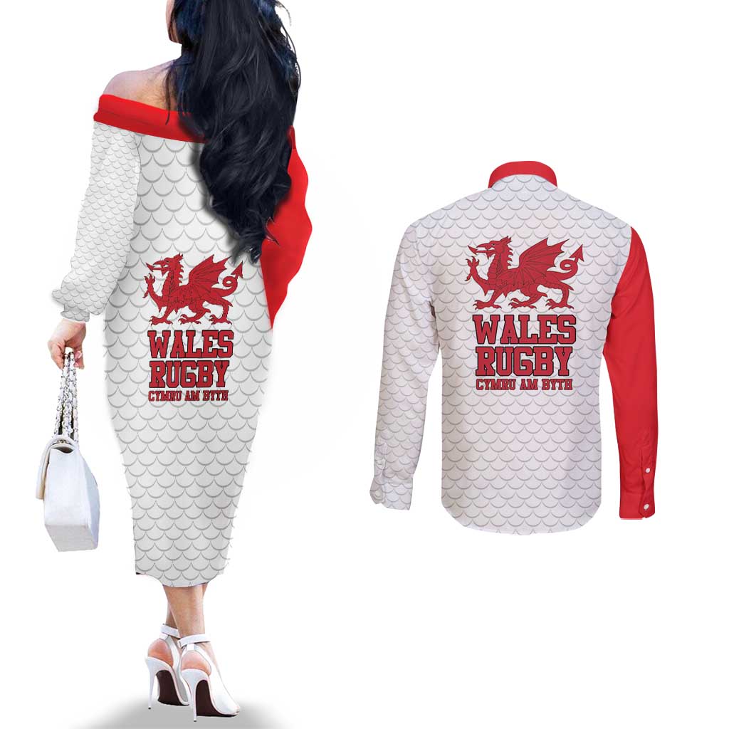 Wales Rugby Red Dragon Couples Matching Off The Shoulder Long Sleeve Dress and Long Sleeve Button Shirt Cymru Am Byth - Wonder Print Shop