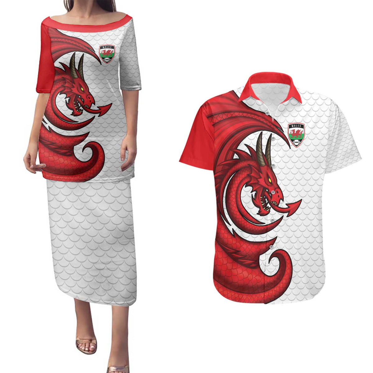 Wales Rugby Red Dragon Couples Matching Puletasi and Hawaiian Shirt Cymru Am Byth - Wonder Print Shop