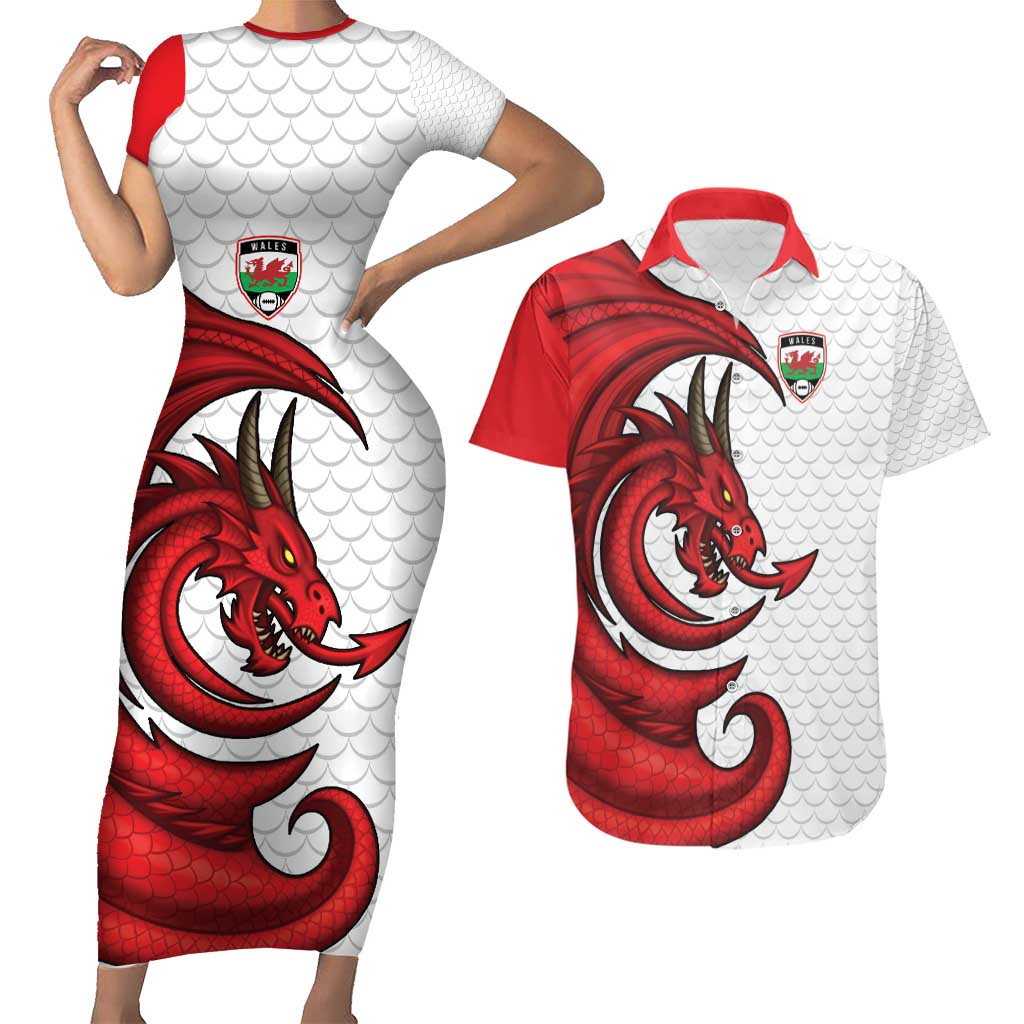 Wales Rugby Red Dragon Couples Matching Short Sleeve Bodycon Dress and Hawaiian Shirt Cymru Am Byth - Wonder Print Shop