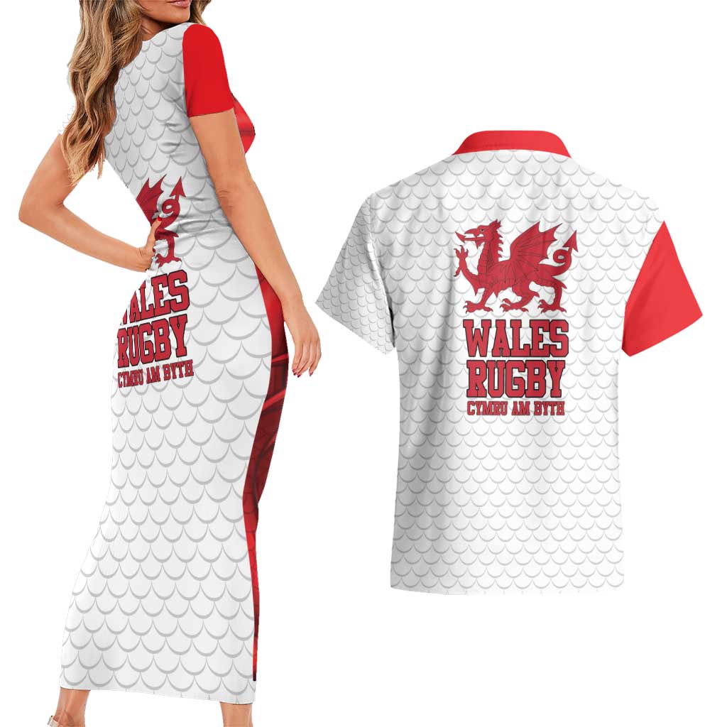 Wales Rugby Red Dragon Couples Matching Short Sleeve Bodycon Dress and Hawaiian Shirt Cymru Am Byth - Wonder Print Shop