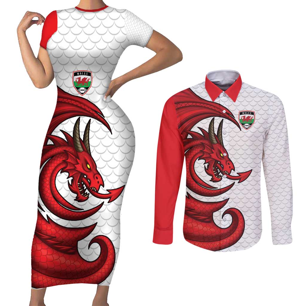 Wales Rugby Red Dragon Couples Matching Short Sleeve Bodycon Dress and Long Sleeve Button Shirt Cymru Am Byth - Wonder Print Shop