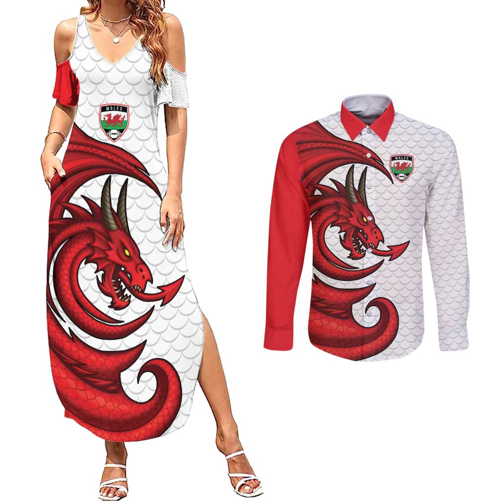 Wales Rugby Red Dragon Couples Matching Summer Maxi Dress and Long Sleeve Button Shirt Cymru Am Byth - Wonder Print Shop