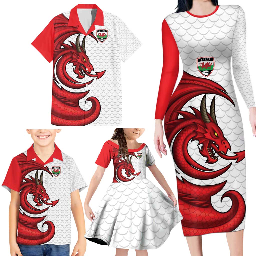 Wales Rugby Red Dragon Family Matching Long Sleeve Bodycon Dress and Hawaiian Shirt Cymru Am Byth - Wonder Print Shop