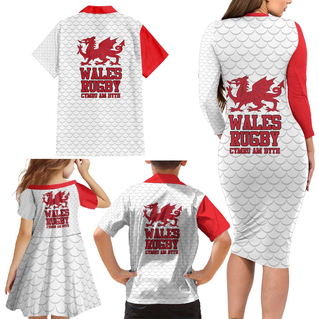 Wales Rugby Red Dragon Family Matching Long Sleeve Bodycon Dress and Hawaiian Shirt Cymru Am Byth - Wonder Print Shop