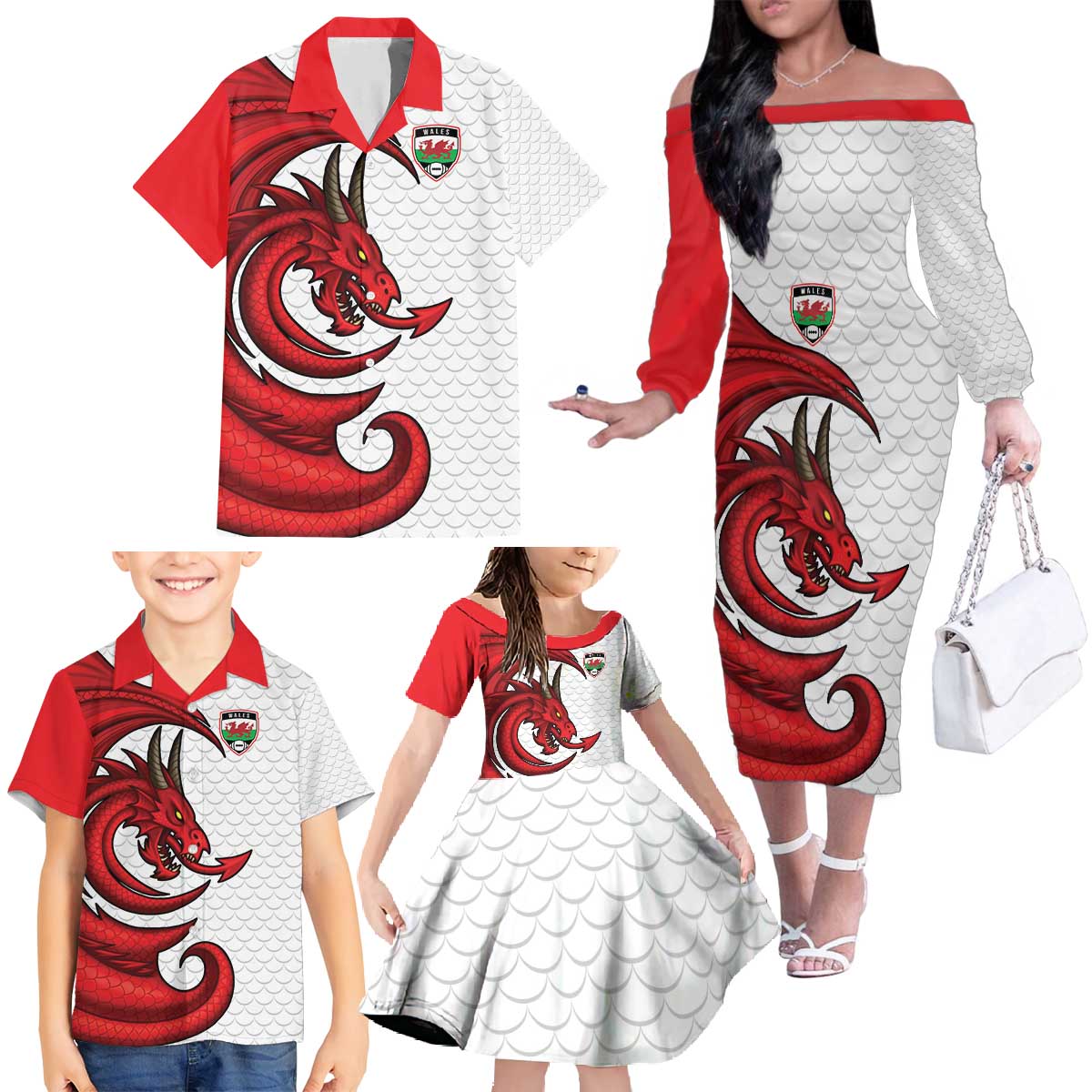 Wales Rugby Red Dragon Family Matching Off The Shoulder Long Sleeve Dress and Hawaiian Shirt Cymru Am Byth - Wonder Print Shop