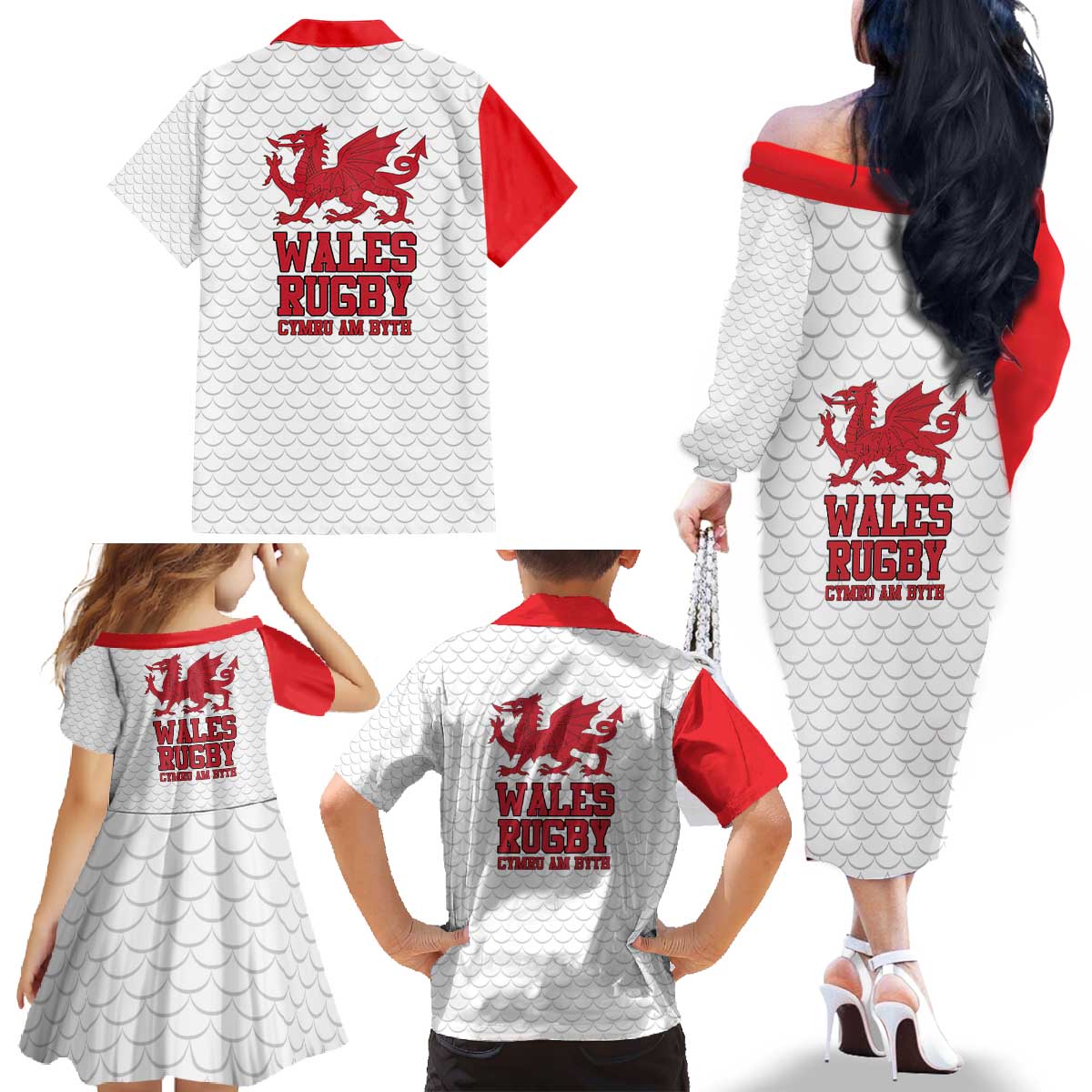 Wales Rugby Red Dragon Family Matching Off The Shoulder Long Sleeve Dress and Hawaiian Shirt Cymru Am Byth - Wonder Print Shop