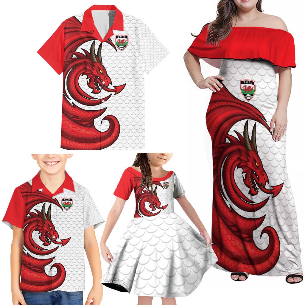 Wales Rugby Red Dragon Family Matching Off Shoulder Maxi Dress and Hawaiian Shirt Cymru Am Byth - Wonder Print Shop