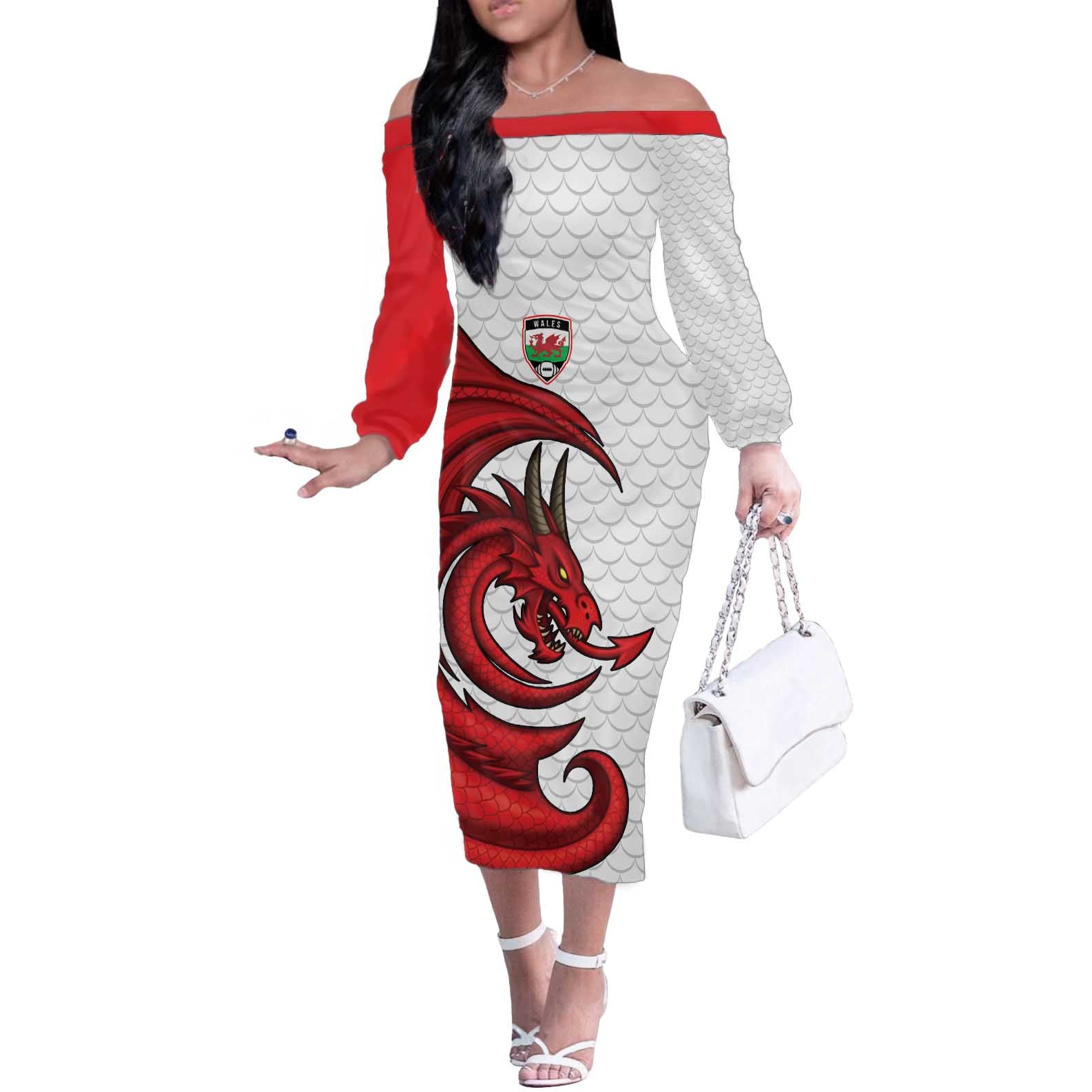 Wales Rugby Red Dragon Off The Shoulder Long Sleeve Dress Cymru Am Byth - Wonder Print Shop