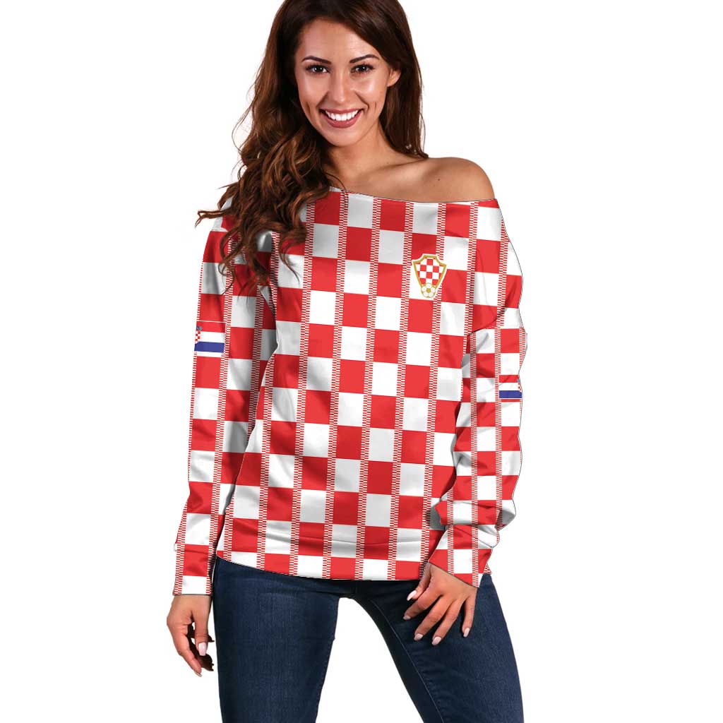 Custom World Football 2026 Croatia Off Shoulder Sweater Vatreni Checkerboard Style - Wonder Print Shop