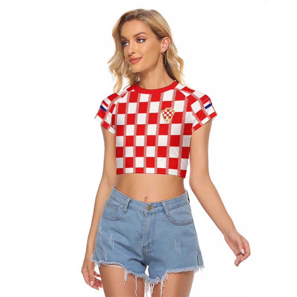 Custom World Football 2026 Croatia Raglan Cropped T Shirt Vatreni Checkerboard Style - Wonder Print Shop