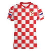 Custom World Football 2026 Croatia Women V-Neck T-Shirt Vatreni Checkerboard Style - Wonder Print Shop
