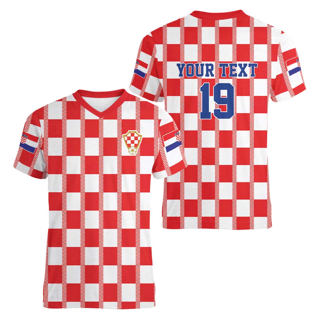Custom World Football 2026 Croatia Women V-Neck T-Shirt Vatreni Checkerboard Style - Wonder Print Shop