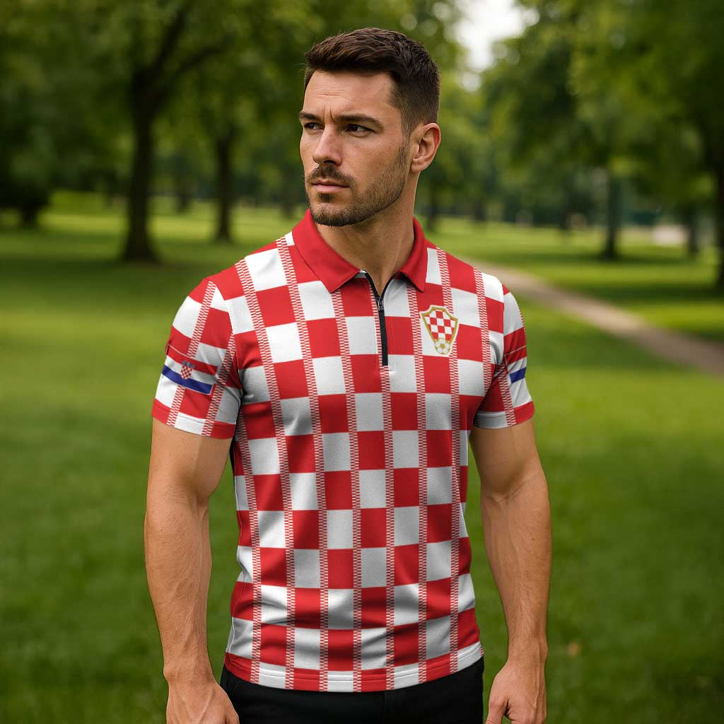 Custom World Football 2026 Croatia Zipper Polo Shirt Vatreni Checkerboard Style - Wonder Print Shop