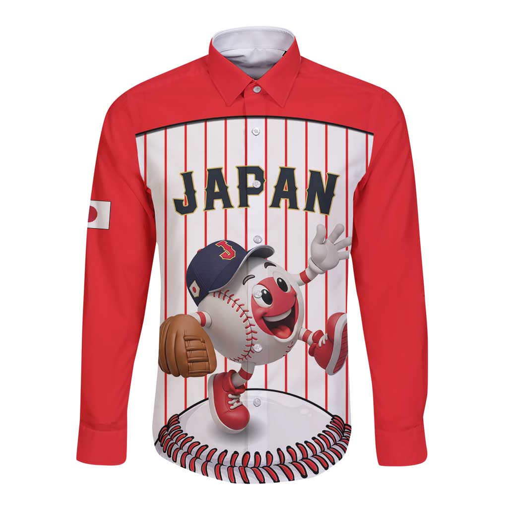 Japan Baseball Custom Long Sleeve Button Shirt Japanese Flag Mascot Design