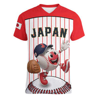 Japan Baseball Custom Women V-Neck T-Shirt Japanese Flag Mascot Design