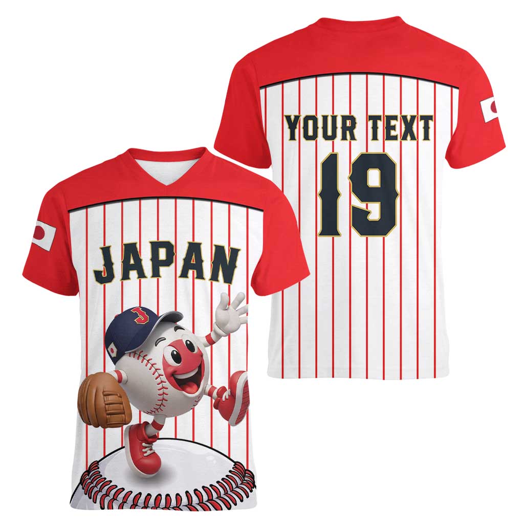 Japan Baseball Custom Women V-Neck T-Shirt Japanese Flag Mascot Design