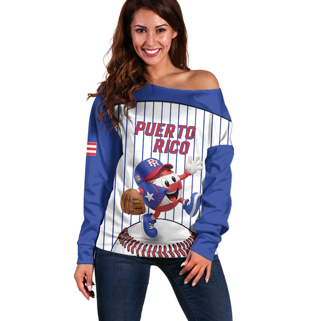 Puerto Rico Baseball Custom Off Shoulder Sweater Puerto Rican Flag Mascot Design