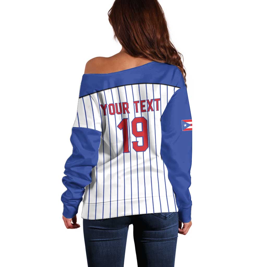 Puerto Rico Baseball Custom Off Shoulder Sweater Puerto Rican Flag Mascot Design