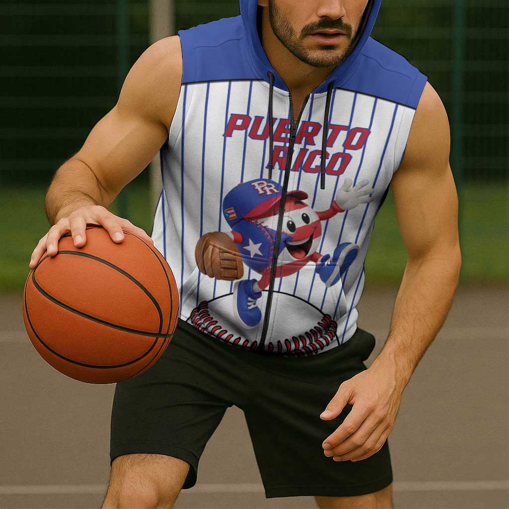 Puerto Rico Baseball Custom Sleeveless Zip Hoodie Puerto Rican Flag Mascot Design