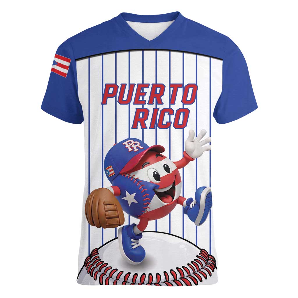 Puerto Rico Baseball Custom Women V-Neck T-Shirt Puerto Rican Flag Mascot Design