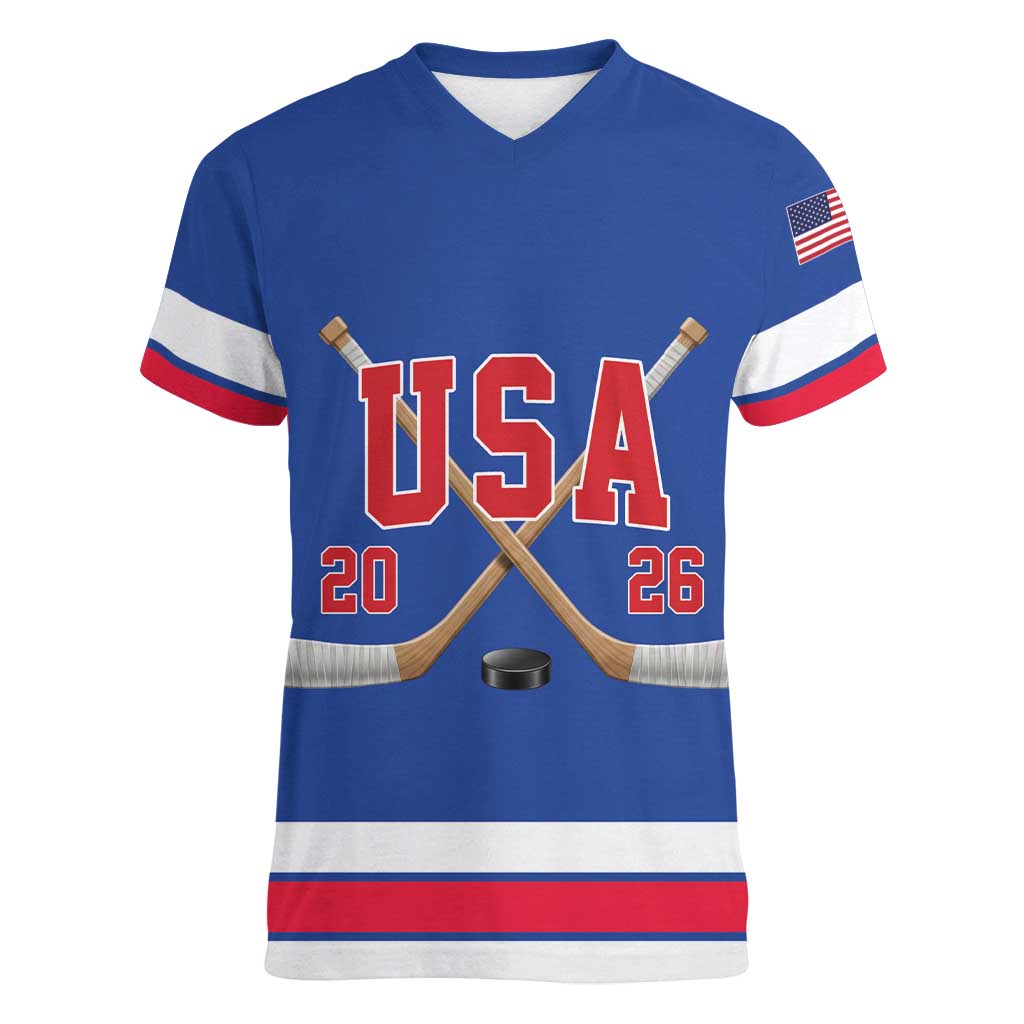 Custom USA Ice Hockey Women V-Neck T-Shirt Champions 2026