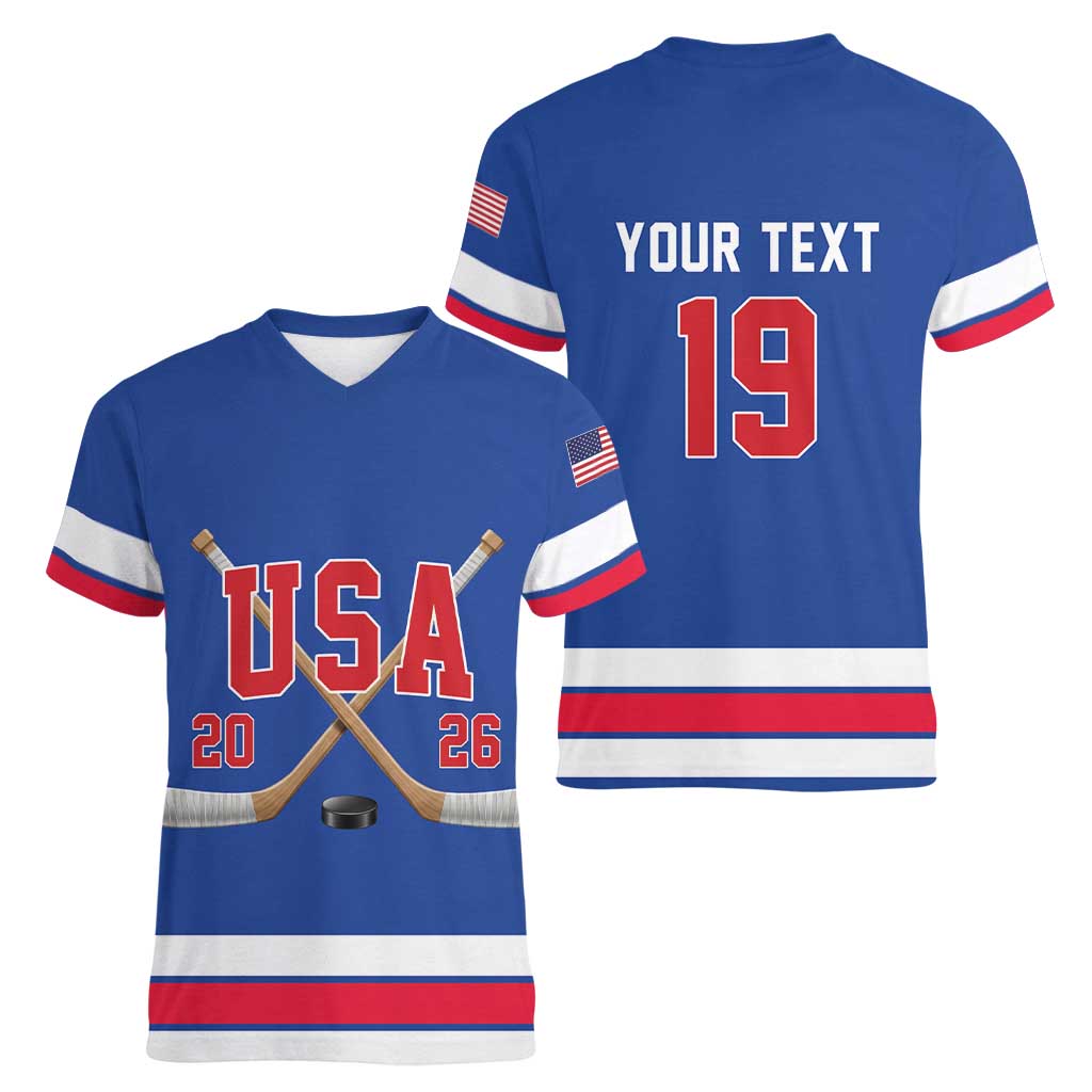 Custom USA Ice Hockey Women V-Neck T-Shirt Champions 2026