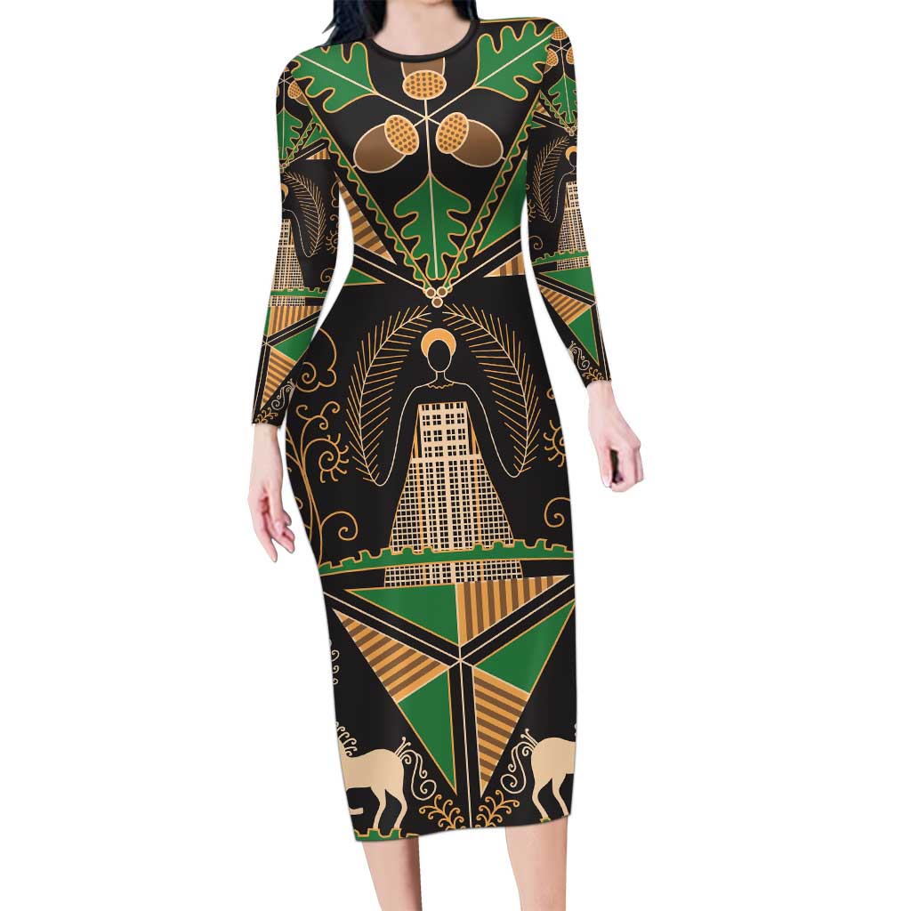 Ukraine Pysanky Pattern Long Sleeve Bodycon Dress Berehynia Guardian Folk Art