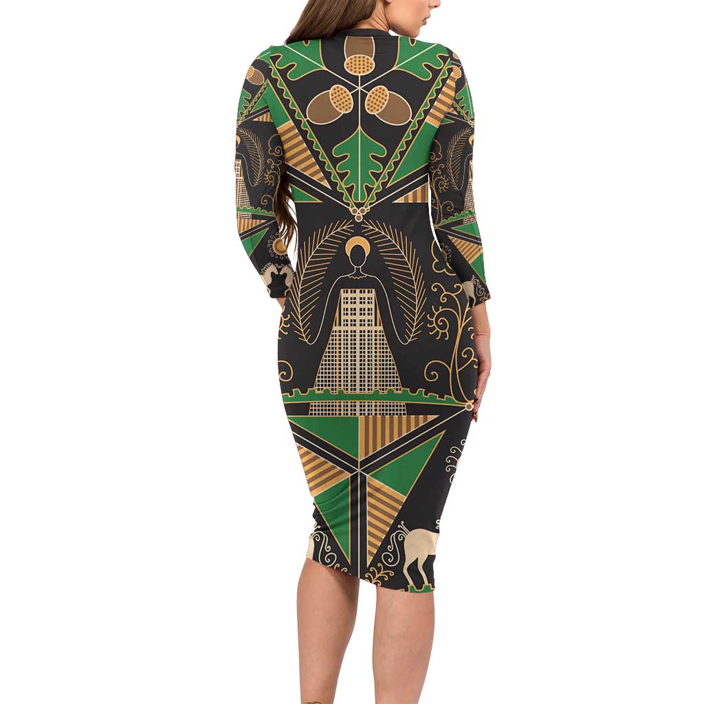 Ukraine Pysanky Pattern Long Sleeve Bodycon Dress Berehynia Guardian Folk Art