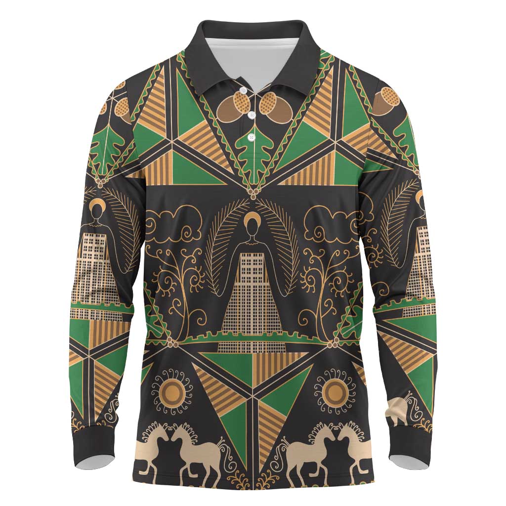 Ukraine Pysanky Pattern Long Sleeve Polo Shirt Berehynia Guardian Folk Art