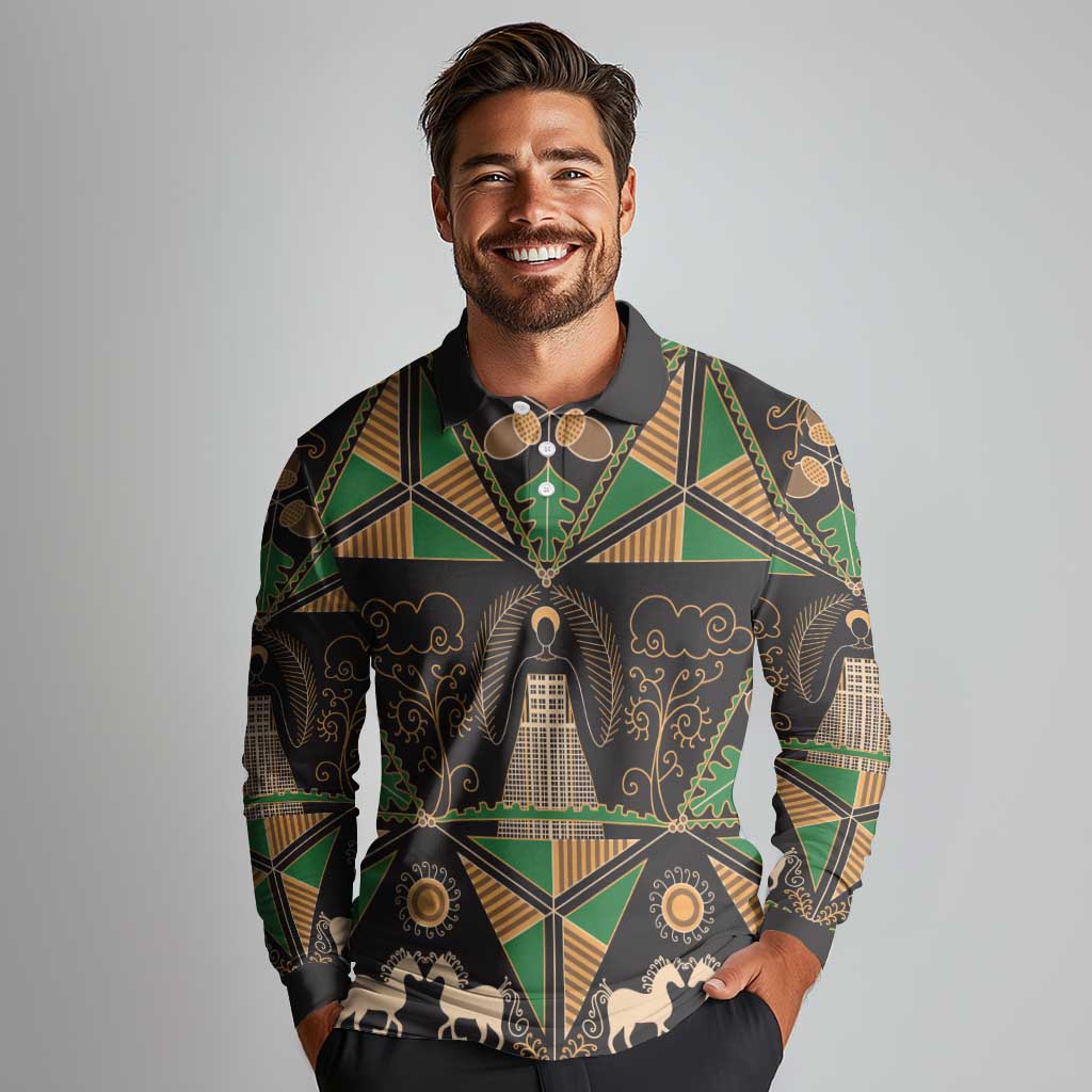 Ukraine Pysanky Pattern Long Sleeve Polo Shirt Berehynia Guardian Folk Art