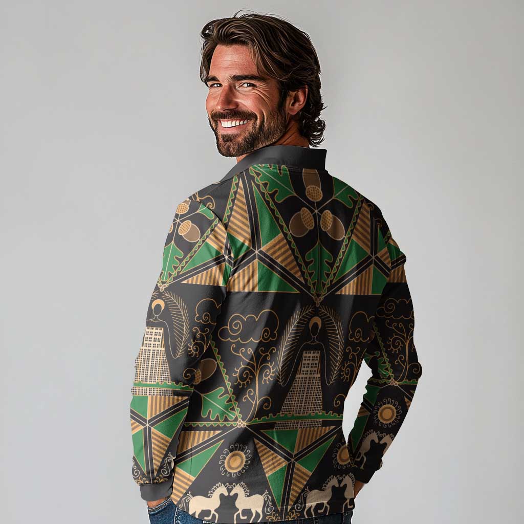 Ukraine Pysanky Pattern Long Sleeve Polo Shirt Berehynia Guardian Folk Art