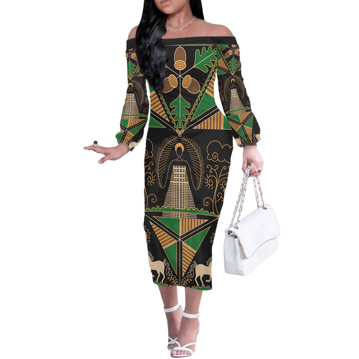 Ukraine Pysanky Pattern Off The Shoulder Long Sleeve Dress Berehynia Guardian Folk Art
