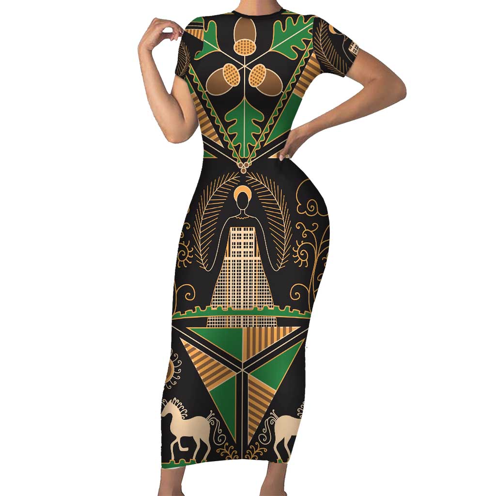 Ukraine Pysanky Pattern Short Sleeve Bodycon Dress Berehynia Guardian Folk Art