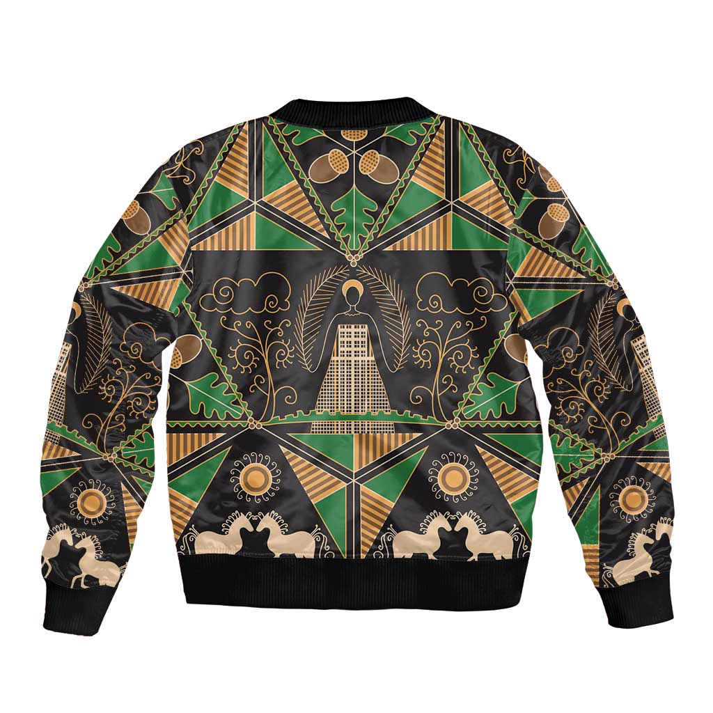 Ukraine Pysanky Pattern Sleeve Zip Bomber Jacket Berehynia Guardian Folk Art