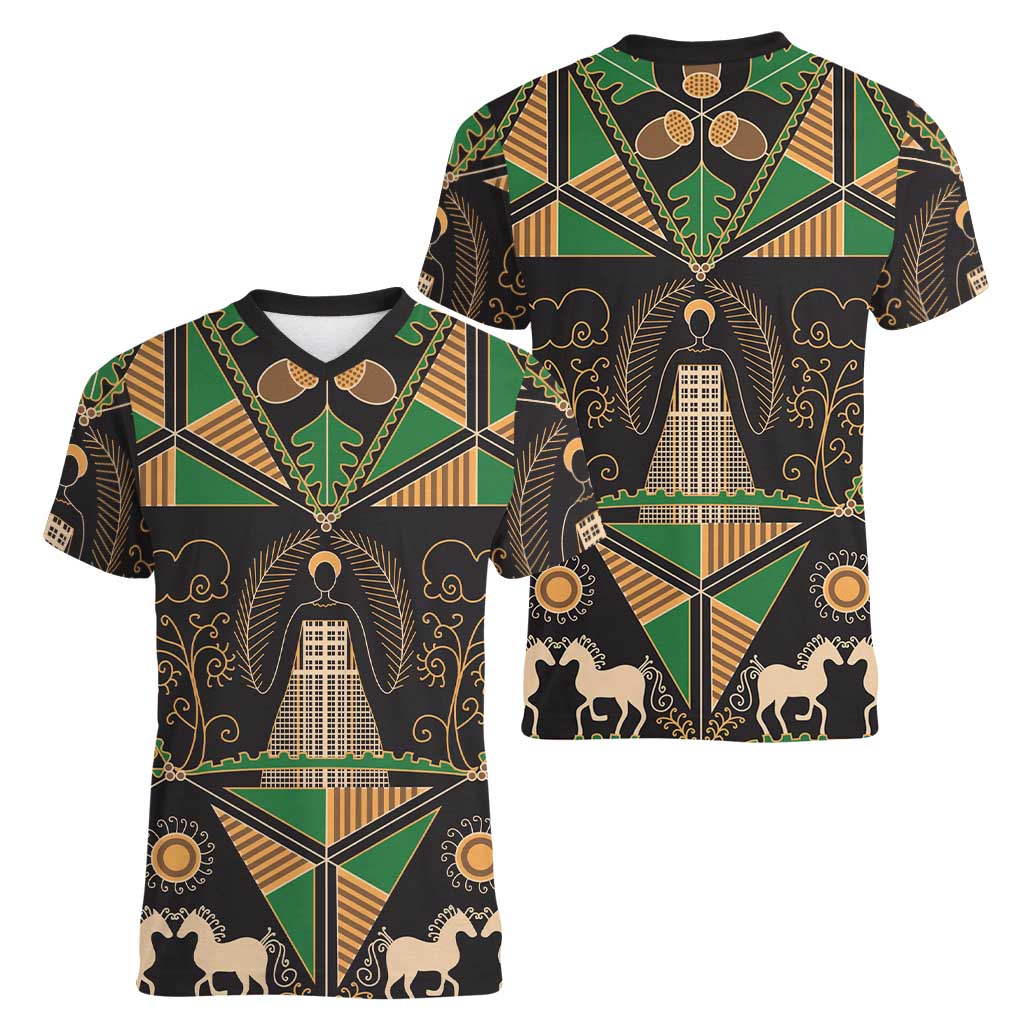 Ukraine Pysanky Pattern Women V-Neck T-Shirt Berehynia Guardian Folk Art