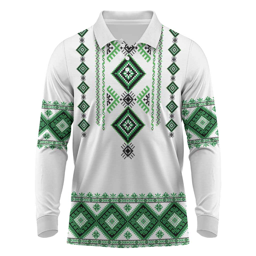 Ukraine Vyshyvanka Inspired Long Sleeve Polo Shirt Ukrainian Traditional Folk Pattern