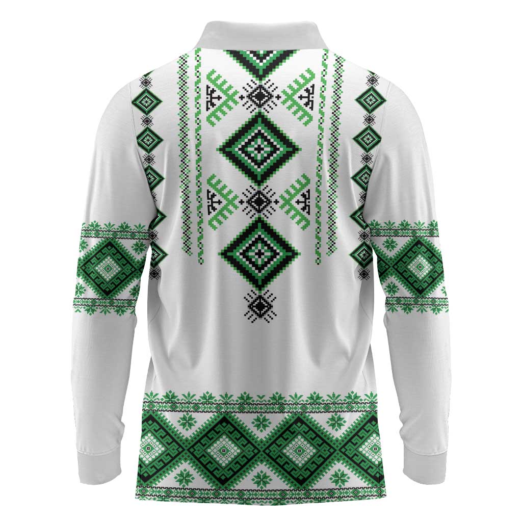 Ukraine Vyshyvanka Inspired Long Sleeve Polo Shirt Ukrainian Traditional Folk Pattern