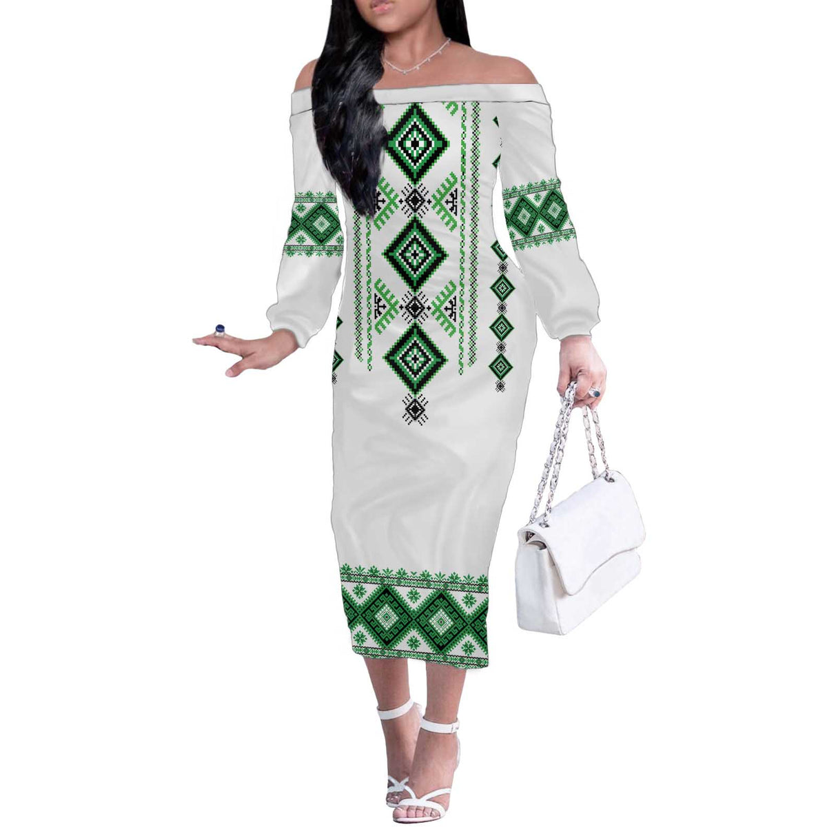 Ukraine Vyshyvanka Inspired Off The Shoulder Long Sleeve Dress Ukrainian Traditional Folk Pattern
