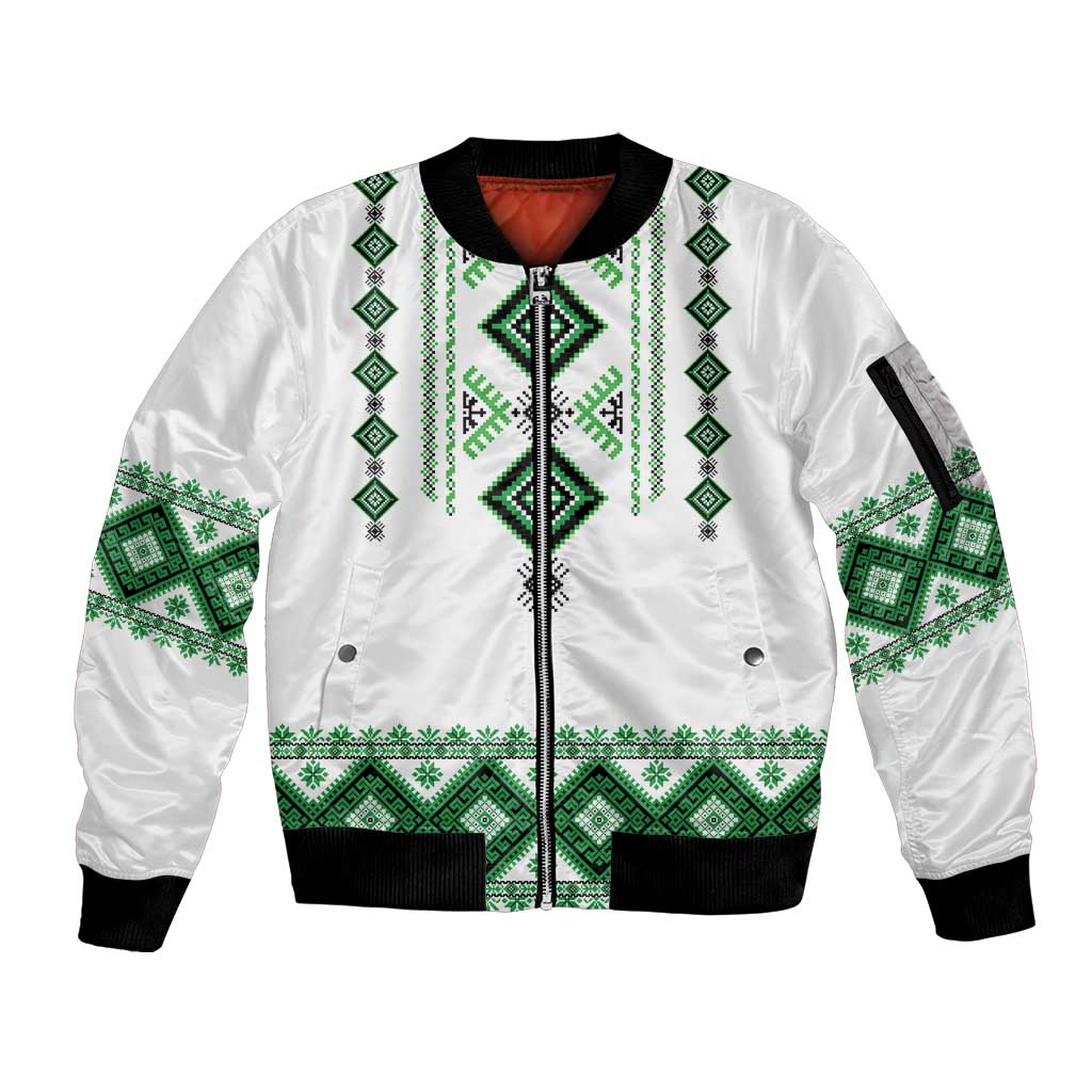 Ukraine Vyshyvanka Inspired Sleeve Zip Bomber Jacket Ukrainian Traditional Folk Pattern