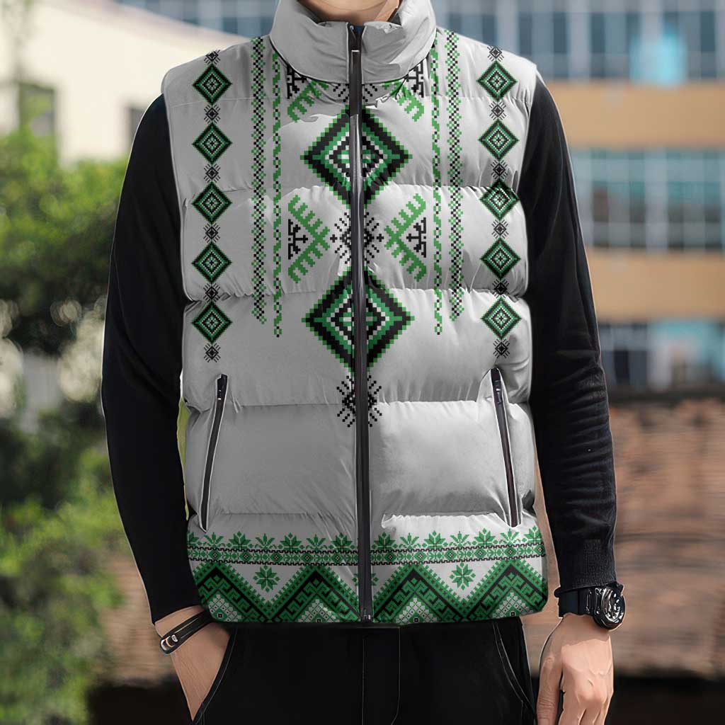 Ukraine Vyshyvanka Inspired Sleeveless Puffer Jacket Ukrainian Traditional Folk Pattern