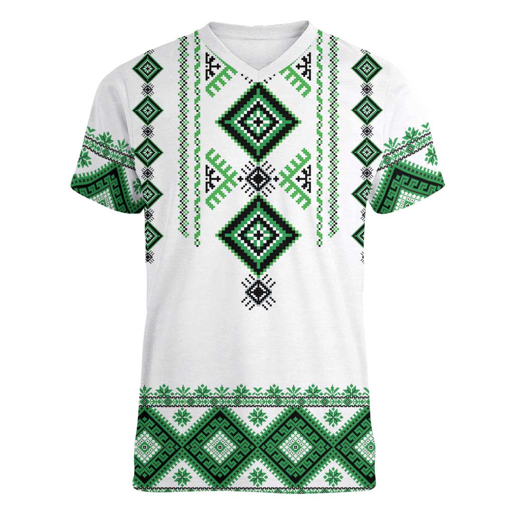 Ukraine Vyshyvanka Inspired Women V-Neck T-Shirt Ukrainian Traditional Folk Pattern