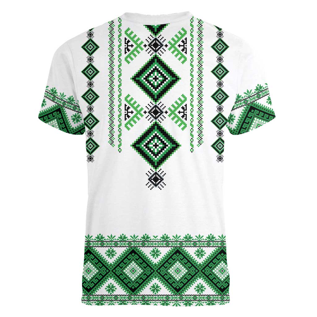 Ukraine Vyshyvanka Inspired Women V-Neck T-Shirt Ukrainian Traditional Folk Pattern