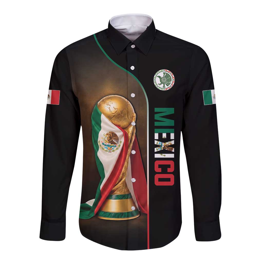 Personalized Mexico Football 2026 Long Sleeve Button Shirt Trophy Flag Pride Art