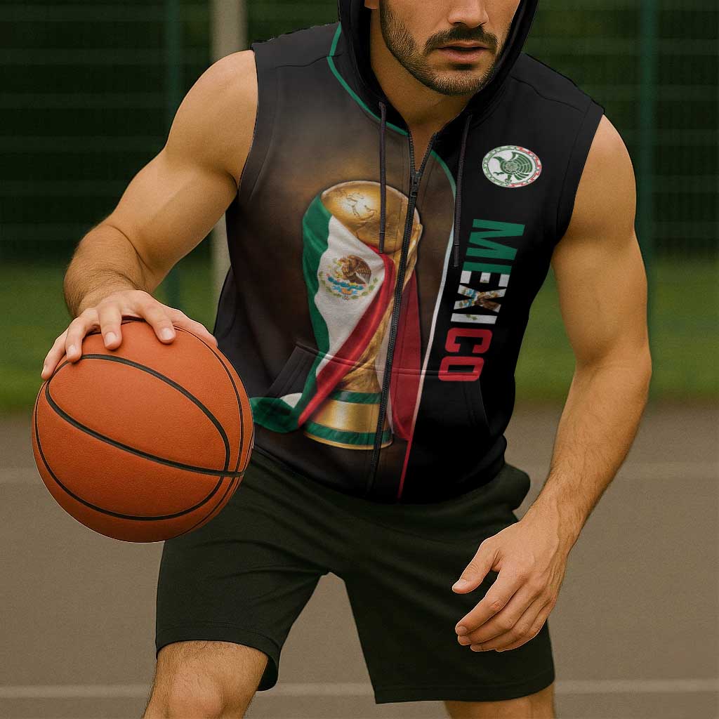 Personalized Mexico Football 2026 Sleeveless Zip Hoodie Trophy Flag Pride Art