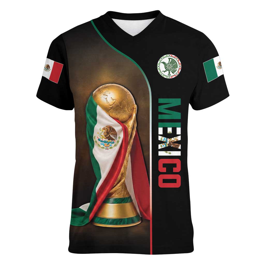 Personalized Mexico Football 2026 Women V-Neck T-Shirt Trophy Flag Pride Art