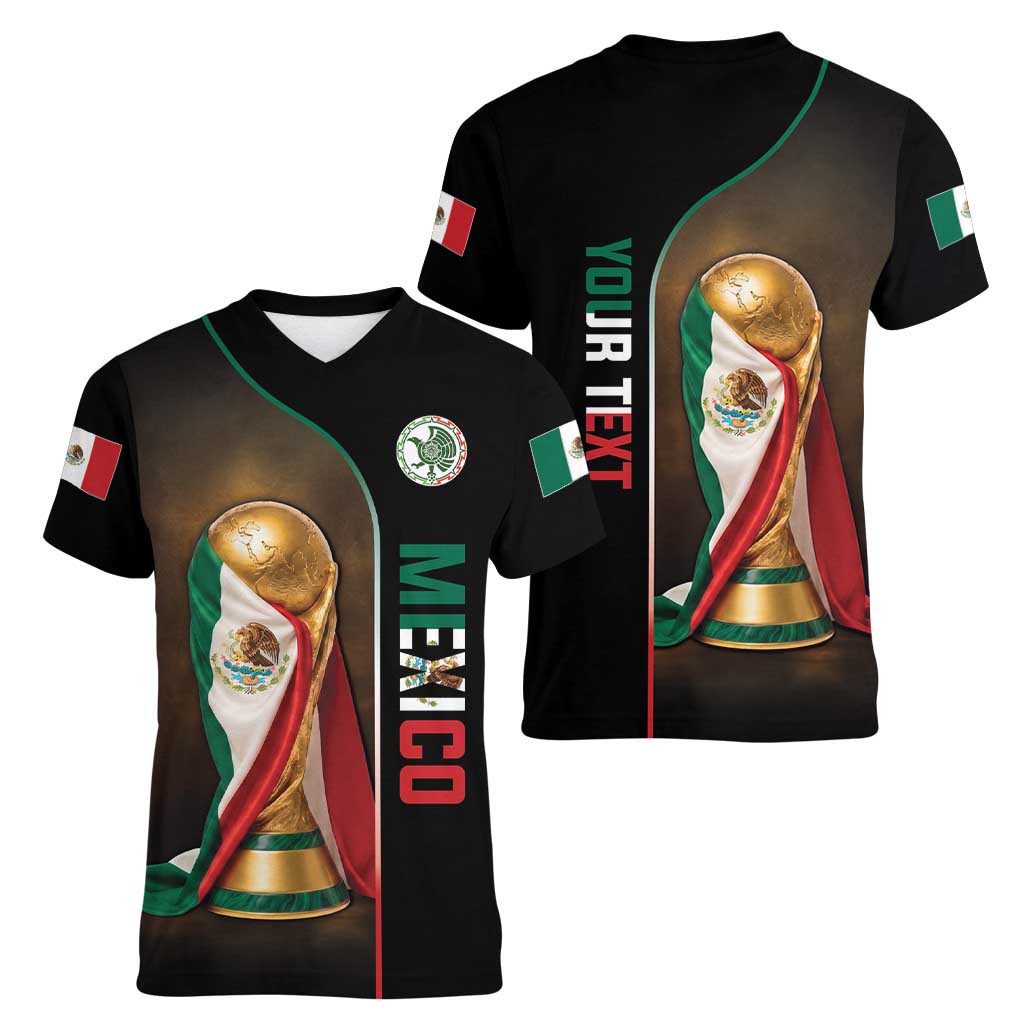 Personalized Mexico Football 2026 Women V-Neck T-Shirt Trophy Flag Pride Art