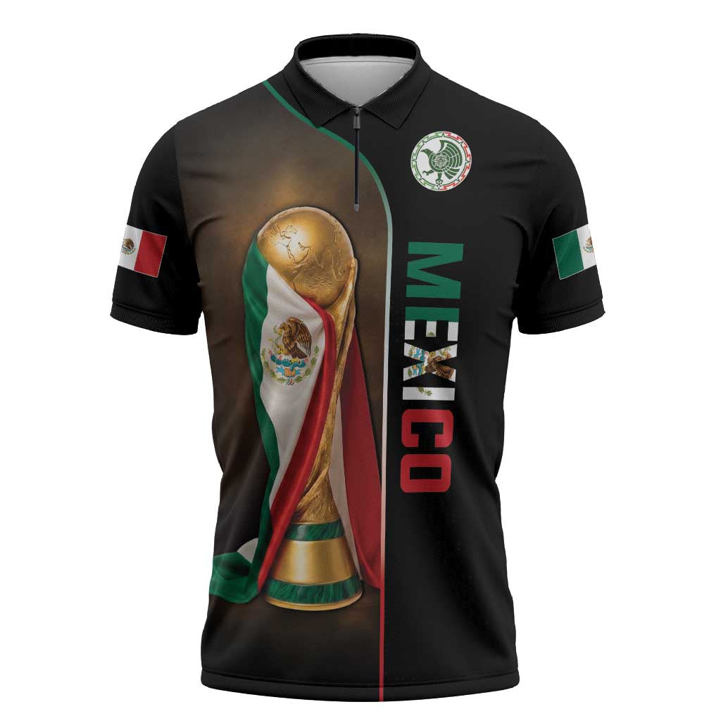 Personalized Mexico Football 2026 Zipper Polo Shirt Trophy Flag Pride Art