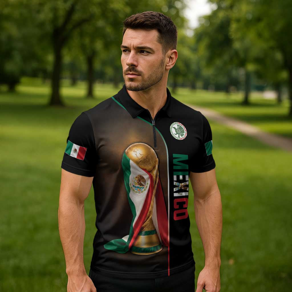 Personalized Mexico Football 2026 Zipper Polo Shirt Trophy Flag Pride Art