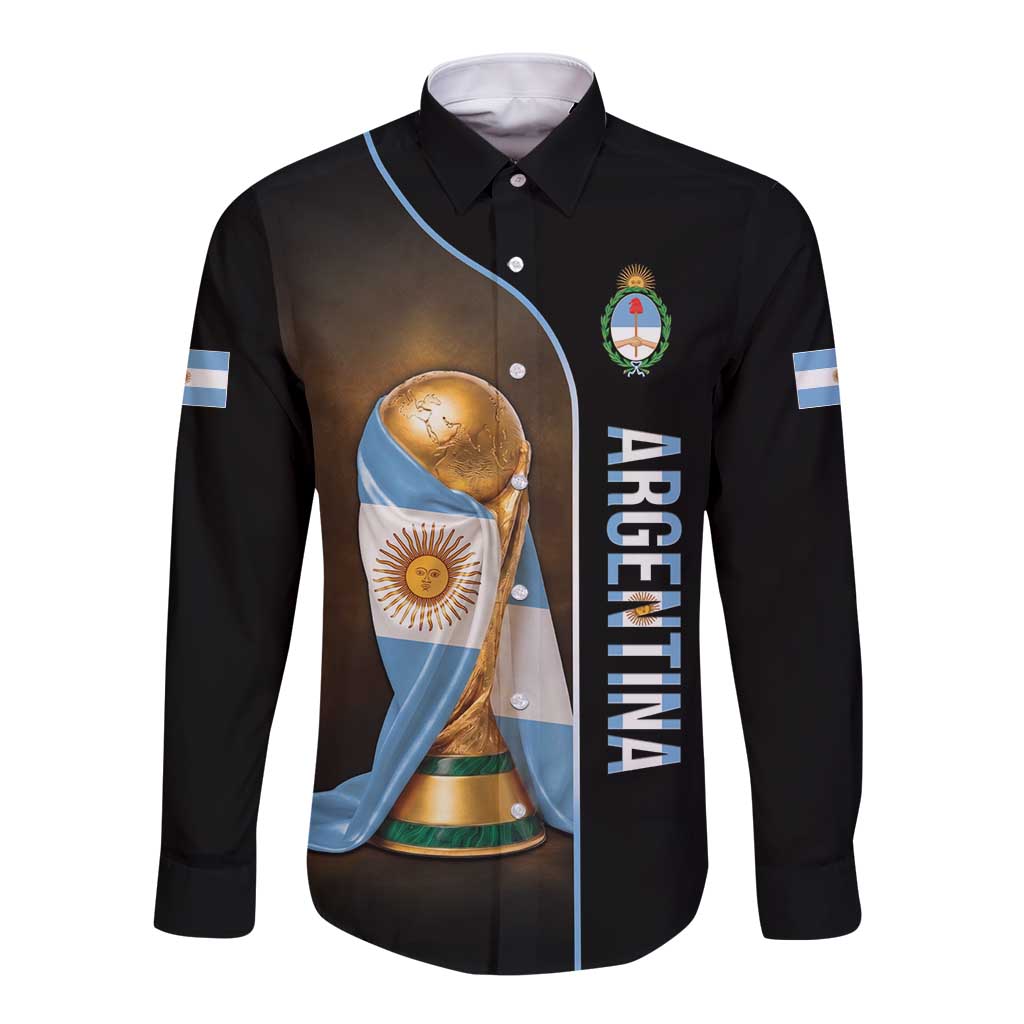 Personalized Argentina Football 2026 Long Sleeve Button Shirt Trophy Flag Pride Art