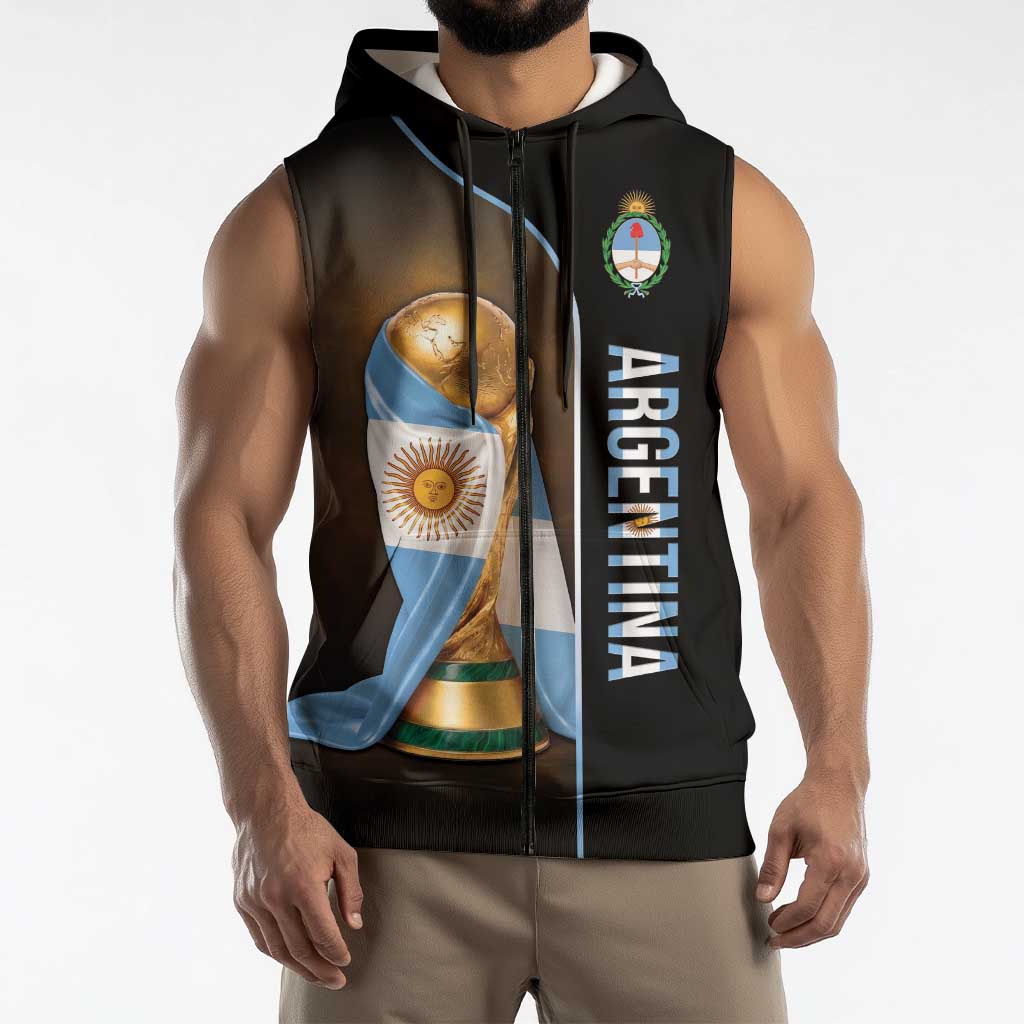 Personalized Argentina Football 2026 Sleeveless Zip Hoodie Trophy Flag Pride Art